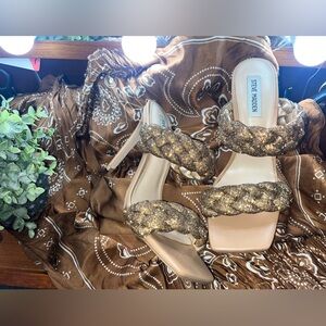 Steve Madden Kenley Vegan Rhinestoned Braided Slip On Mule Heeled Sandals Bronze